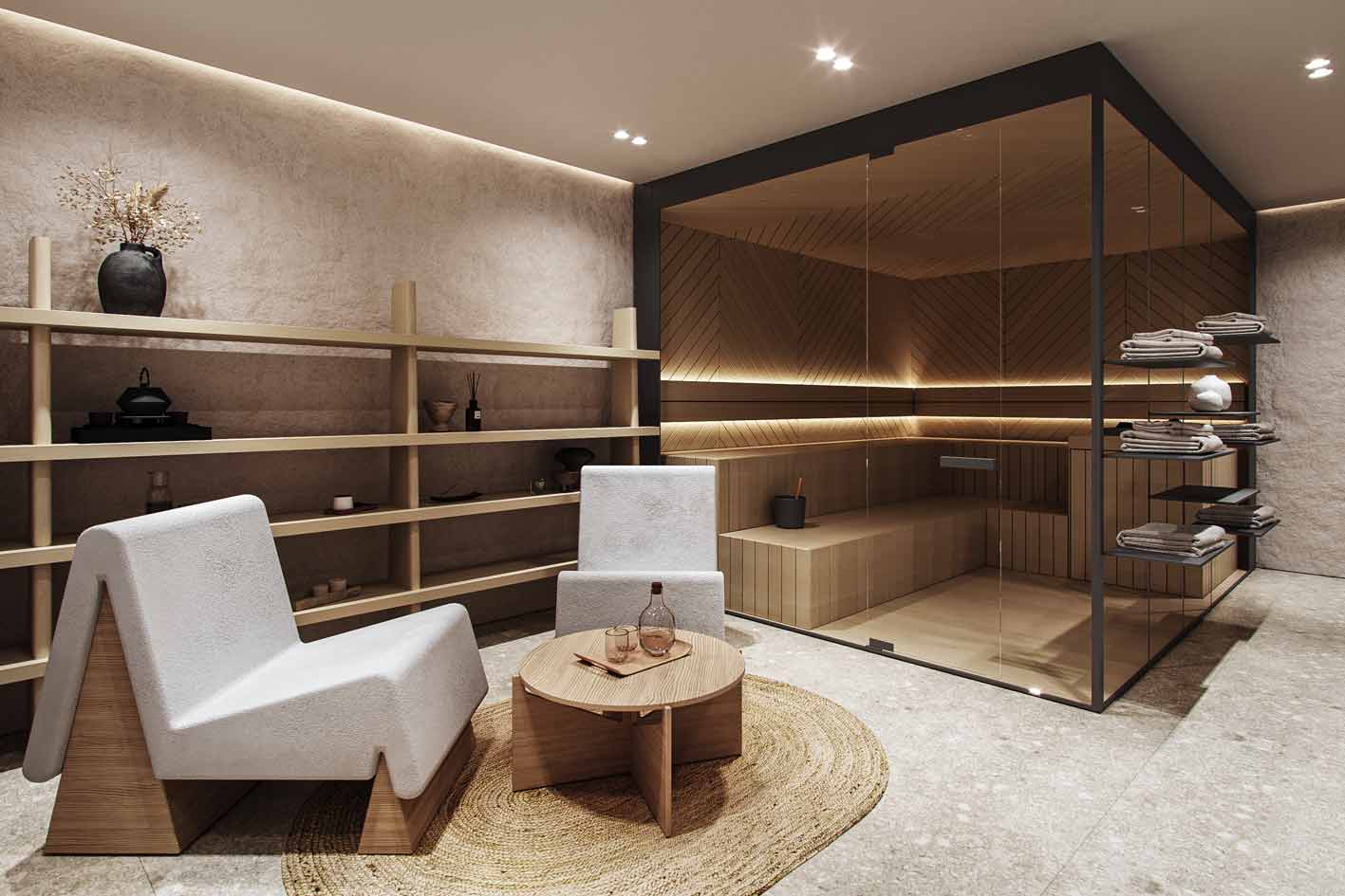 Fauteuils sur mesure en bois chaleureux et tissu clair dans un style moderne pour le SPA de l'hôtel la Couronne à Chamonix 74