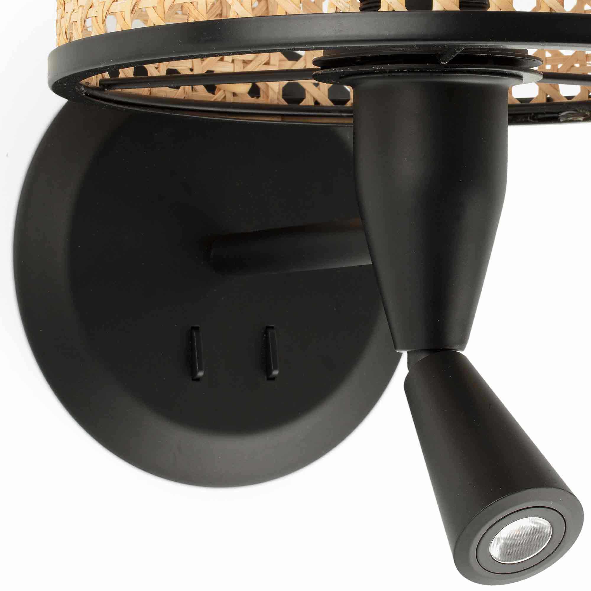 Applique Mambo de Faro avec liseuse - métal noir et abat jour en rotin - zoom détails